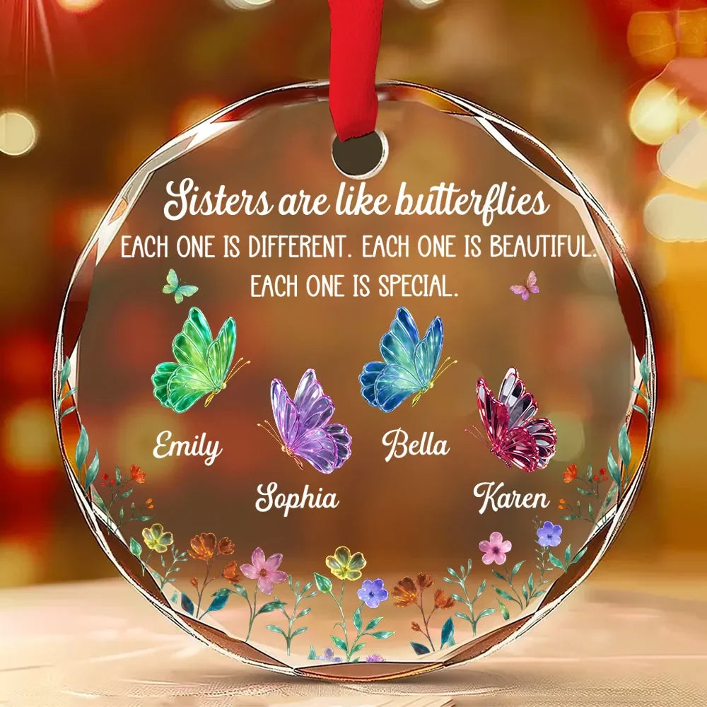 Sisters Bloom in Their Own Way, Personalized Glass Ornament, Custom Name Keepsake for Sisters & Best Friends