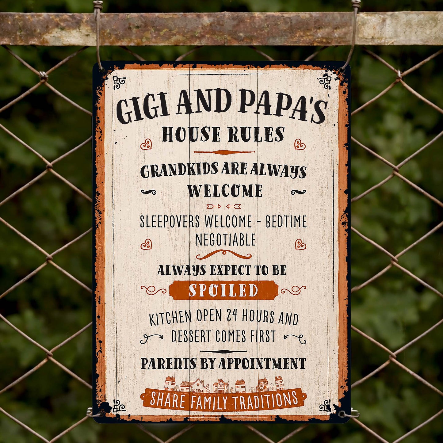 Gigi and Papa's House Rules Grandkids Welcome Personalized Metal Sign - Vintage Grandparent Wall Decor