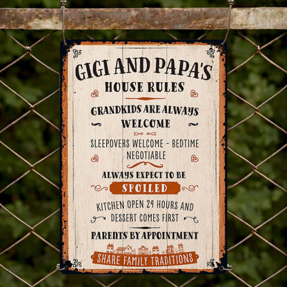 Gigi and Papa's House Rules Grandkids Welcome Personalized Metal Sign - Vintage Grandparent Wall Decor