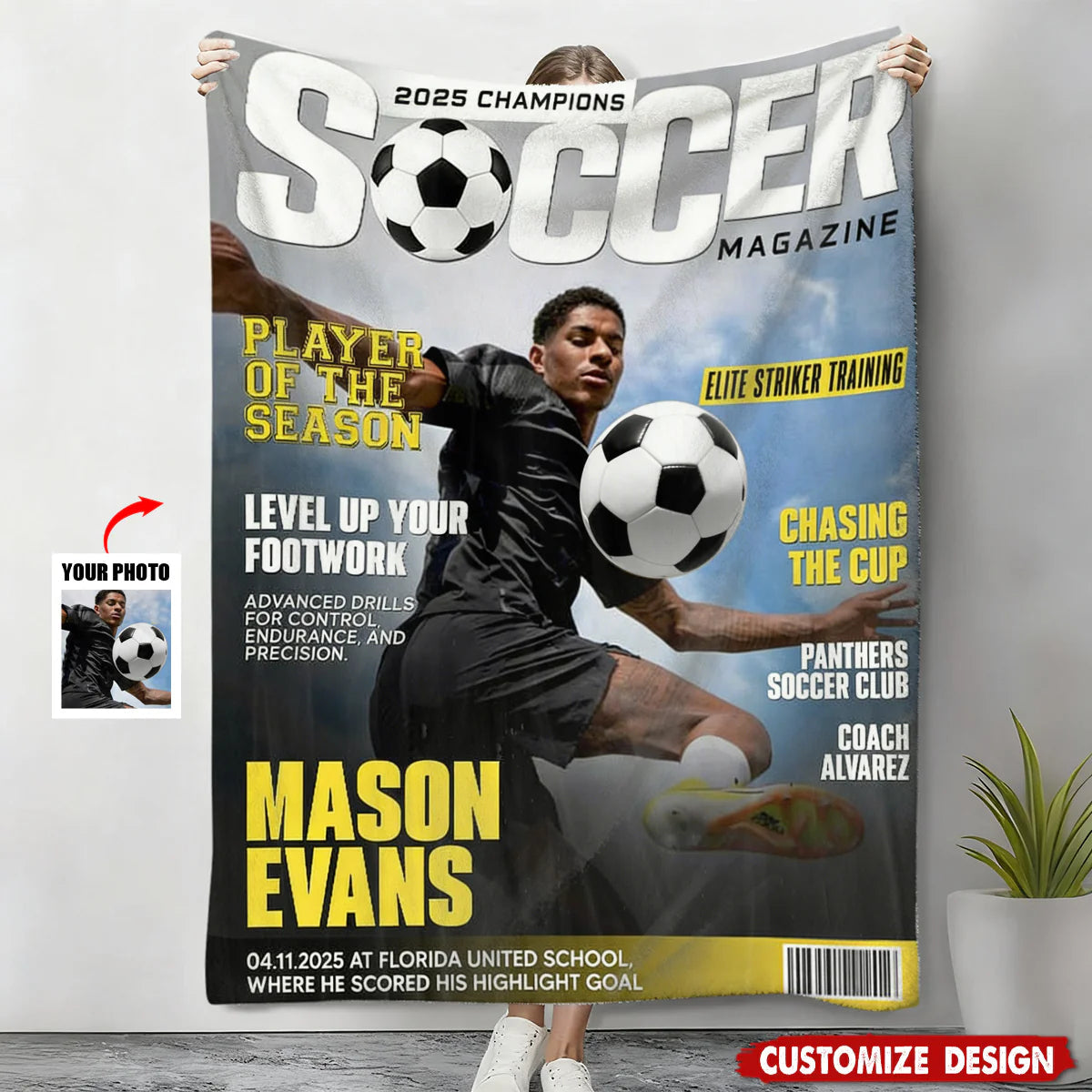 Personalized Soccer Magazine Cover Blanket - Custom Sports Player Photo Gift