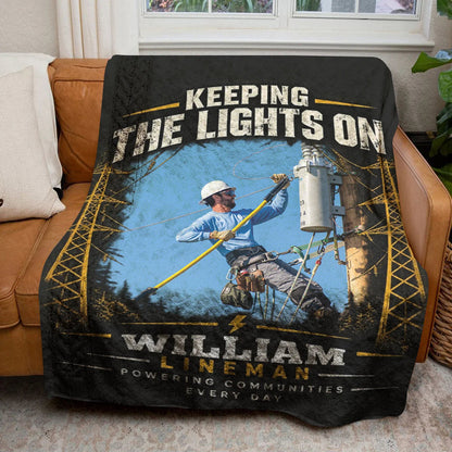 Keeping The Lights On Personalized Lineman Blanket - Custom Photo Gift for Dad or Husband