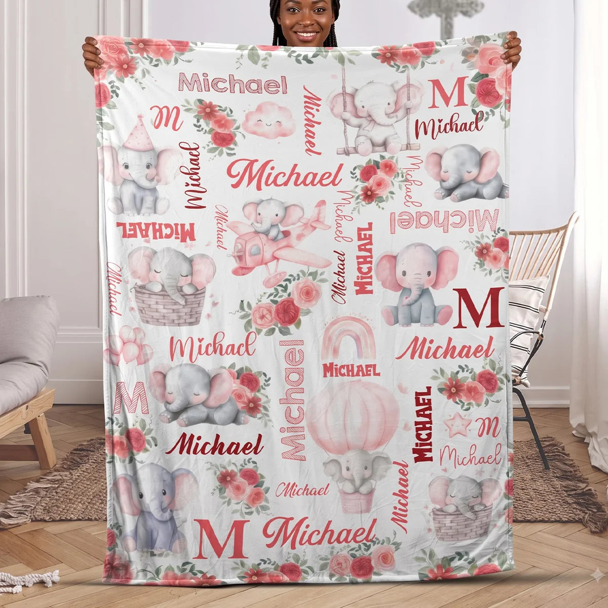 Elephant Love Themed Personalized Baby Blanket, Custom Name Soft Throw Keepsake Gift