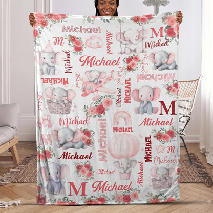 Elephant Love Themed Personalized Baby Blanket, Custom Name Soft Throw Keepsake Gift