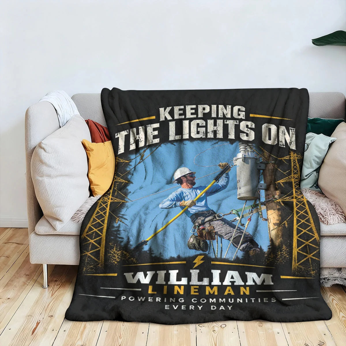 Keeping The Lights On Personalized Lineman Blanket - Custom Photo Gift for Dad or Husband