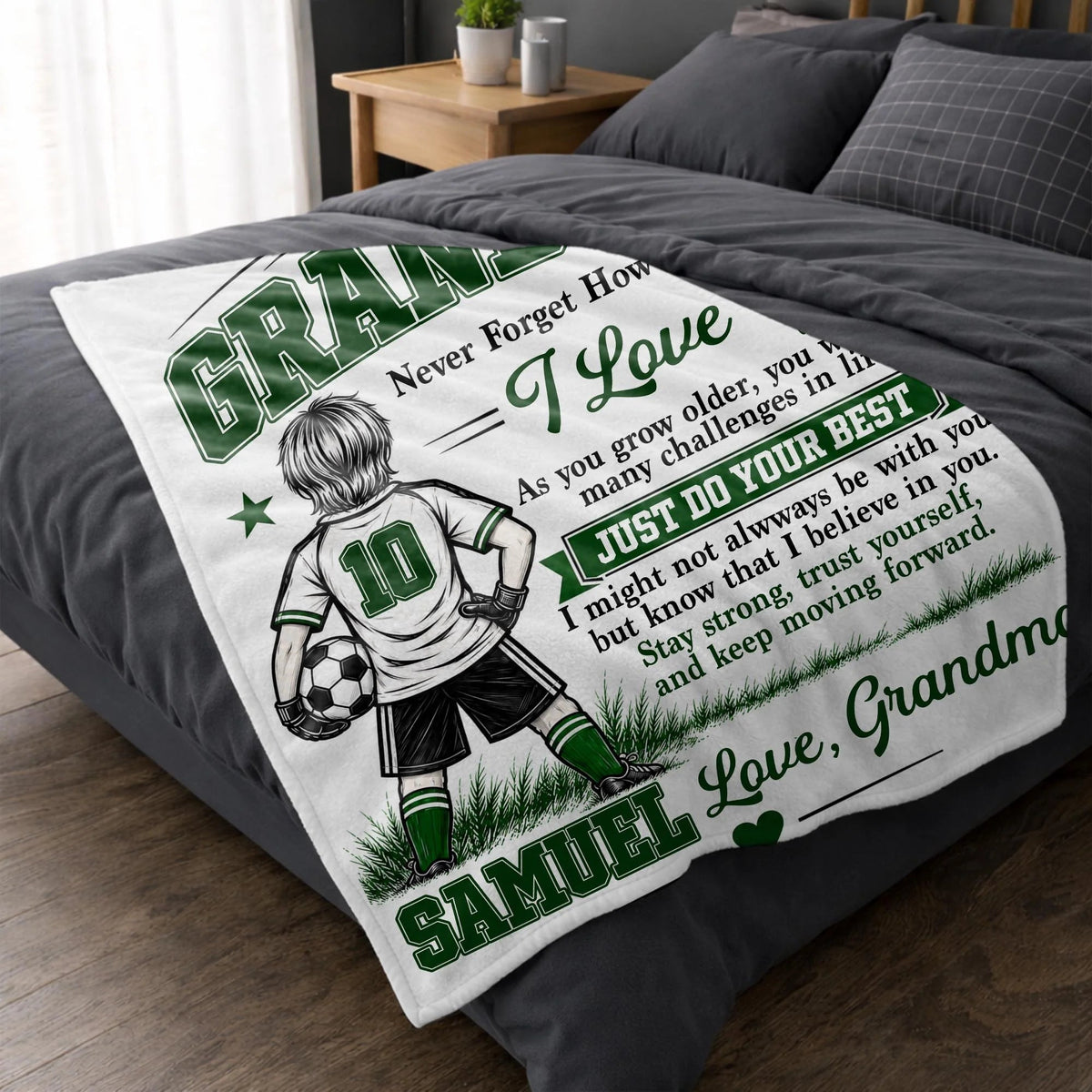 "Never Forget How Much I Love You" Personalized Soccer Blanket for Grandson - Birthday Gift from Grandma