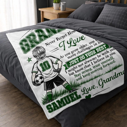 "Never Forget How Much I Love You" Personalized Soccer Blanket for Grandson - Birthday Gift from Grandma