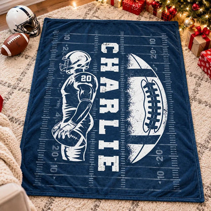 Personalized Fleece Blanket, Football Player Holding the Ball on the Field, Unique Gift for Son or Grandson