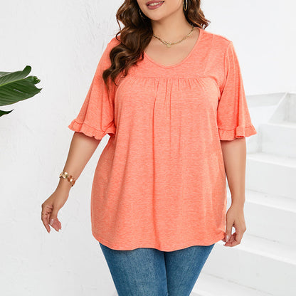 Plus Size Sommar Andningsaktiv Mjuk V-ringad orange topp för damer