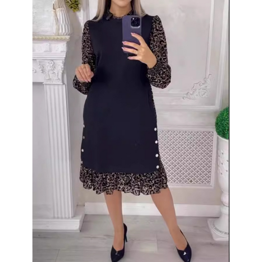👗Höst och vinter mode leopard tryck långärmad långärmad långärmad patchwork patchwork klänning