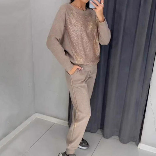 🍃Höstens begränsade upplaga 49 % rabatt✨🎅Kvinnors glittrande strass sweatshirt och avslappnade byxor 2-delat set