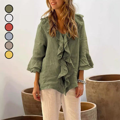 🔥2025 HOT SALE🔥Kvinnor Ruffle Collar Blouse med klockärmar