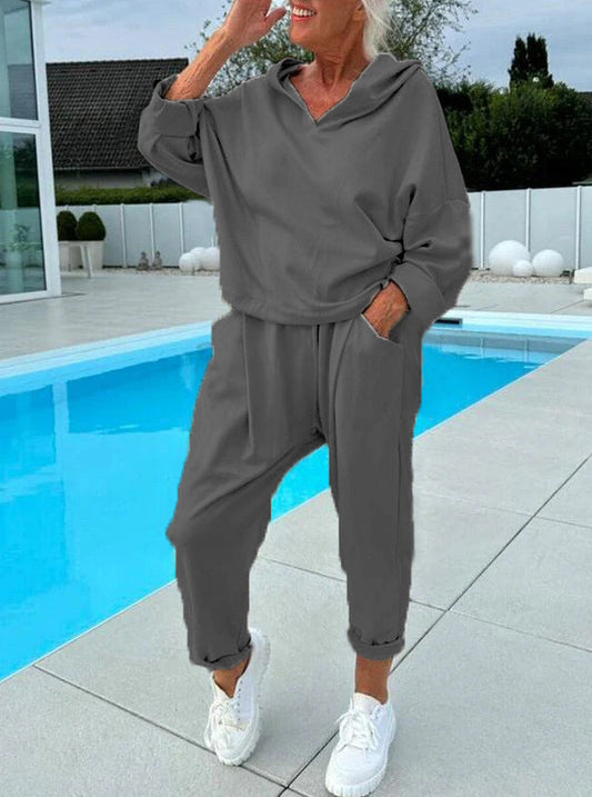 Kvinnors enfärgad tvådelade set i hoodie【Topp + byxor】