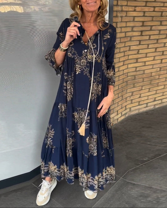 💖Vintage klänning med spetsig halsringning och lös passform