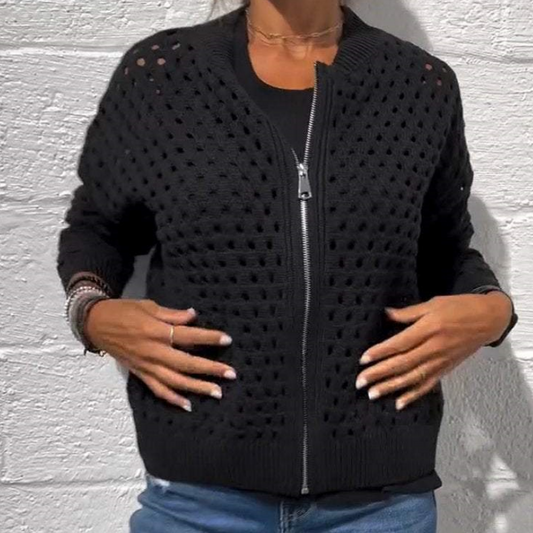 🔥2025 Ny 50% rabatt Hot Sale🔥Stickad damjacka med dragkedja och utskärningar