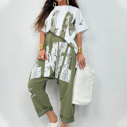 Tvådelad casual outfit med bokstavstryck för kvinnor