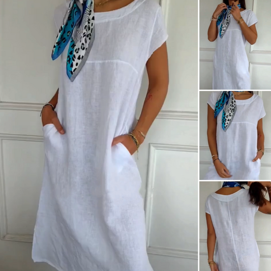 🏖️Summer Hot Sale 50% OFF🌼Klänning i bomullslinne med rund hals och kort ärm för kvinnor