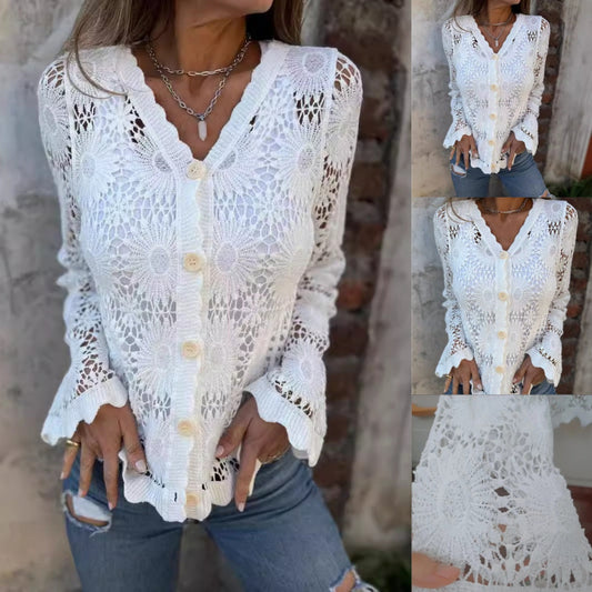 🎁Sommarkampanj 50% rabatt✨Top à manches longues et col en V en dentelle pour femmes