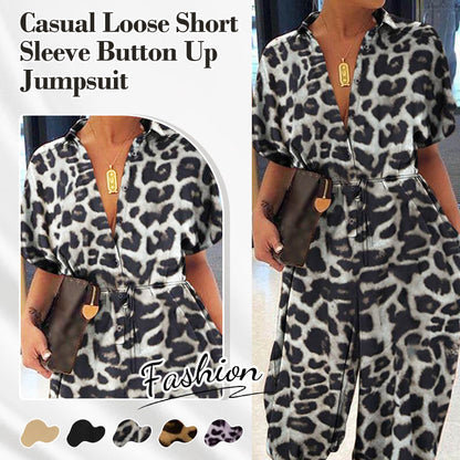 Kvinnors avslappnade lösa jumpsuit med kort ärm och knappar