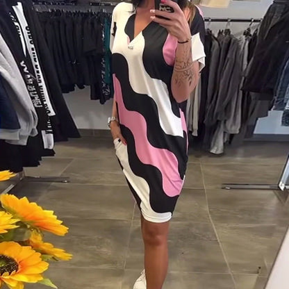 🎉🛍️Sommarens nyheter🥻Klänning med kort ärm och V-nacke för kvinnor
