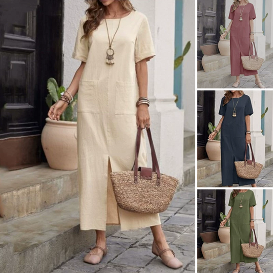 🌿✨Lösa klänningar med rund hals i bomull-linne🔥Köp 2 och få fri frakt