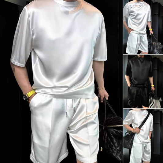 🏆Flash Sale⚡🔥Högkvalitativ herr Mercerized Cotton Casual Solid Color Top och Shorts Two-Piece Set【Lös passform, lämplig för alla tillfällen】