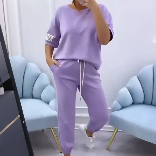Casual enfärgat topp- och byxset för kvinnor