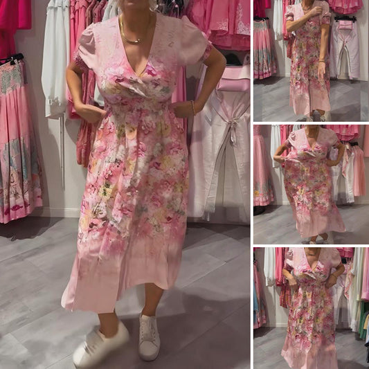 Elegant lång klänning med blommönster och V-ringning för kvinnor