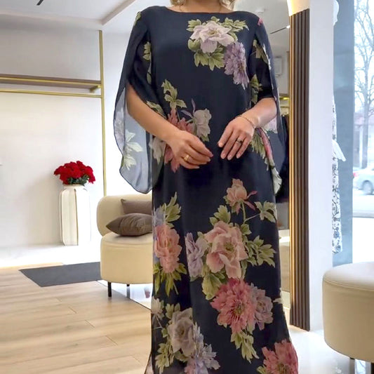 Elegant långklänning med rund hals och tryck för kvinnor