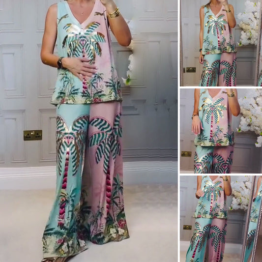 🌴 Tropisk uppsättning med kokosnötsträd: Tank + byxor, lätt och färgstark