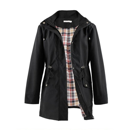 Lång vindjacka med huva, dragsko i midjan och dragkedja