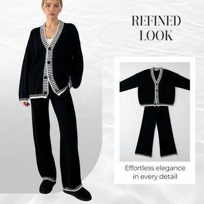 🎀Ultimat bekväma loungekläder - 50% rabatt under en begränsad tid🎀Snyggt tvådelat set med stickad kofta och vida byxor för kvinnor