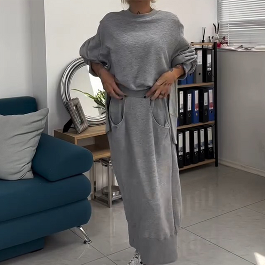 Women's Round-Neck Sweatshirt & Skirt 2-Piece Set