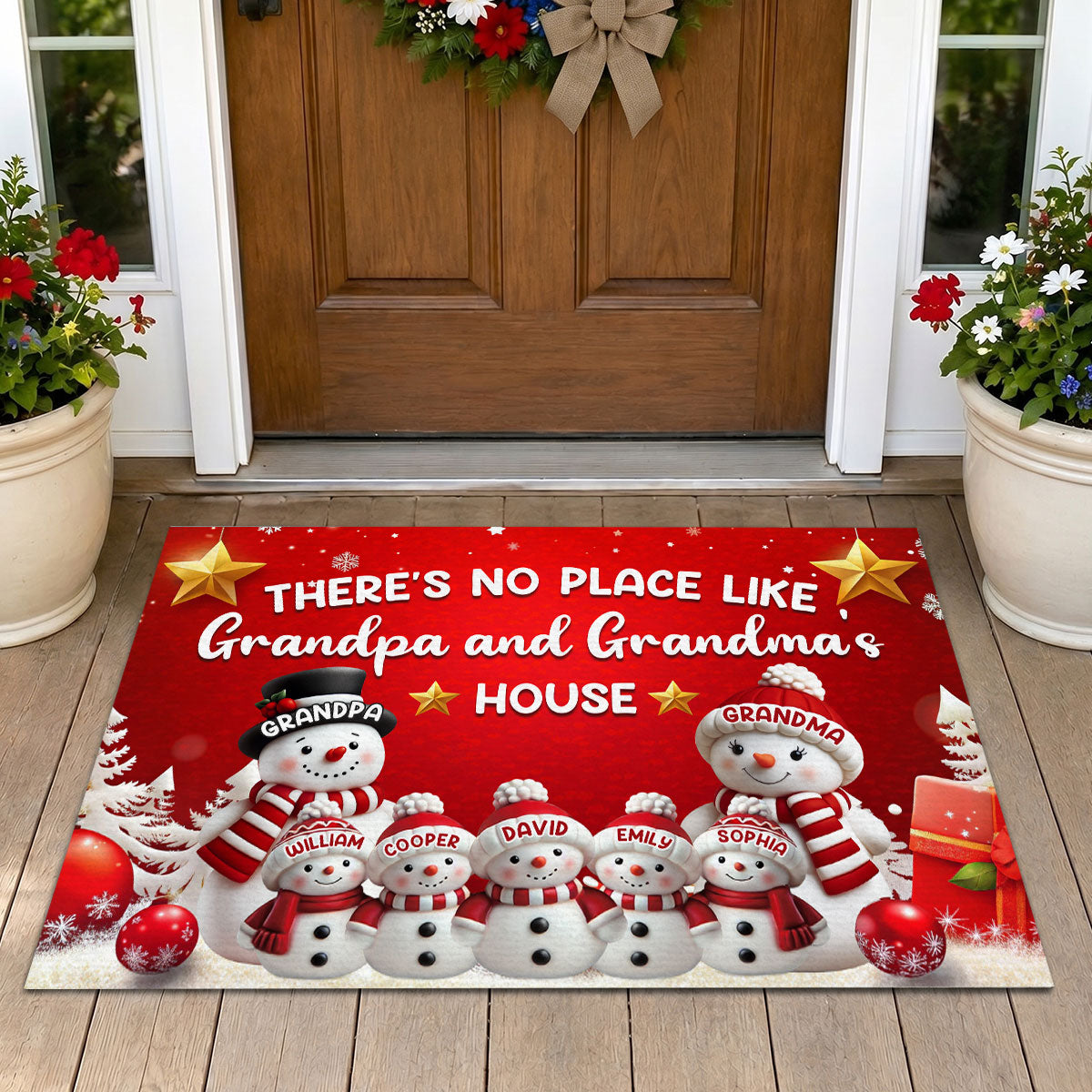 "There's No Place Like Grandpa & Grandma's House" Personalized Doormat - Custom Snowman Family Christmas Welcome Mat