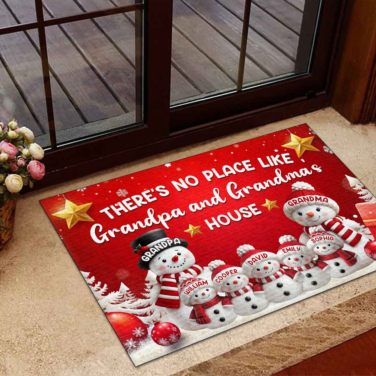 "There's No Place Like Grandpa & Grandma's House" Personalized Doormat - Custom Snowman Family Christmas Welcome Mat
