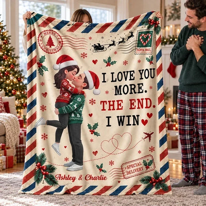 Personalized Fleece Blanket, Kissing Couple in a Vintage Christmas Scene, Unique Gift for Your Partner